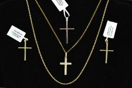 FOUR CROSS PENDANT AND TWO CHAIN NECKLACES to include a white gold and three yellow gold cross