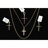 FOUR CROSS PENDANT AND TWO CHAIN NECKLACES to include a white gold and three yellow gold cross