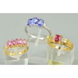 THREE 9CT GOLD MODERN ASSORTED GEM SET DRESS RINGS to include a pink tourmaline and diamond