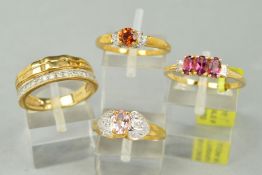 A COLLECTION OF GEM SET 9CT GOLD DRESS RINGS to include a diamond set band, estimated diamond weight