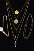 FOUR PENDANT NECKLACES AND AN IDENTITY BRACELET to include a key pendant suspended from a rope twist