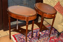 A PAIR OF EDWARDIAN MAHOGANY OVAL TOPPED OCCASIONAL TABLES with brown tooled leather inlay top on