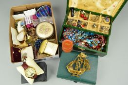 A SMALL BOX AND A JEWELLERY BOX OF MAINLY COSTUME JEWELLERY to include a Norwegian tourist spoon for