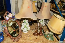 A PAIR OF CAPODIMONTE TABLE LAMPS WITH SHADES, height approximately 35cm, together with a Denby