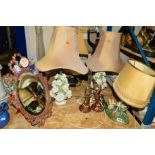 A PAIR OF CAPODIMONTE TABLE LAMPS WITH SHADES, height approximately 35cm, together with a Denby