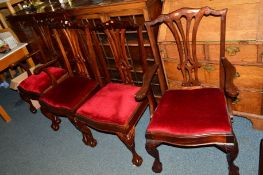 A SET OF FOUR REPRODUCTION MAHOGANY HEPPLEWHITE STYLE DINING CHAIRS including two carvers