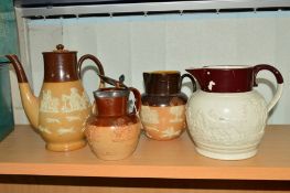 FOUR HUNTING SCENE SALT GLAZED JUGS/COFFEE POT, to include Doulton Lambeth covered jug,