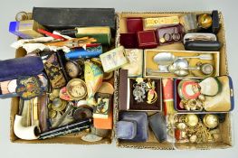 TWO SMALL BOXES OF NOVELTIES AND JEWELLERY etc, to include a late 19th to early 20th Century