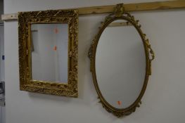 A 20TH CENTURY GILT PAINTED WALL MIRROR with foliate moulding, 56cm x 46cm, together with an oval