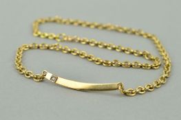 A LATE 20TH CENTURY 9CT DIAMOND SET IDENTITY PANEL NECKLACE, a curved panel with a single cut