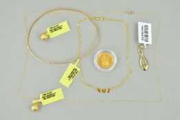 TWO PENDANTS, TWO PENDANT NECKLACES, A BANGLE AND A COIN to include a triple heart children's