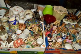 THREE BOXES AND LOOSE CERAMICS, GLASS etc to include toby/character jugs (Doulton 'The Poacher'