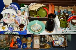 TEN BOXES AND LOOSE STONEWARE, KITCHEN ITEMS, GLASSWARES, box of tiles, 'Le Creuset' covered