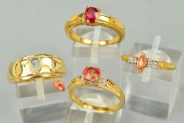 A COLLECTION OF GEM SET 9CT GOLD DRESS RINGS to include a single stone orange sapphire, ring size N,