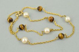 A MID TO LATE 20TH CENTURY CULTURED PEARL AND TIGERS EYE NECKLET, gemstones interspaced