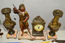 A MARBLED HARDSTONE AND CAST MOUNTED CLOCK GARNITURE, the clock surmounted with birds and foliage