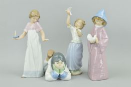 FOUR NAO FIGURES to include girl with chamberstick, inuit girl lying down with head in hands No