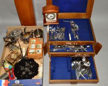 A LATE VICTORIAN OAK CANTEEN CONTAINING ASSORTED LOOSE ITEMS, box containing a late Victorian