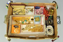 A BOX OF COSTUME JEWELLERY to include a branch coral necklace, a small bag of buttons, cufflinks and