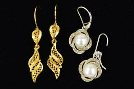 TWO PAIRS OF 9CT GOLD EARRINGS, the first designed as central cultured pearls within overlapping