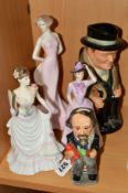 TWO ROYAL DOULTON TOBY JUGS AND THREE COALPORT FIGURES, to include a 'Charles Dickens' and limited