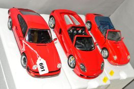 TWO BOXED DIECAST MINICHAMPS 1/18 SCALE PORSCHE CAR MODELS, 911 Carrera, Carrera GT (one mirror