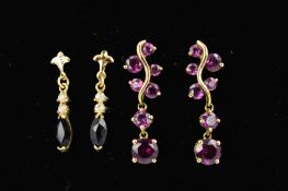 TWO PAIRS OF GEM SET EARRINGS, the first a pair of drop earrings designed as a curved line set