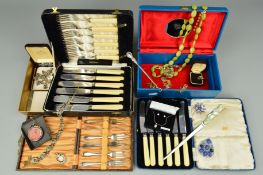 A SMALL BOX OF JEWELLERY AND CASED CUTLERY to include a jewellery box containing costume jewellery