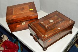 A WOODEN SEWING BOX, mother of pearl inlay, missing escutcheon and one foot, no key, with another