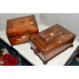 A WOODEN SEWING BOX, mother of pearl inlay, missing escutcheon and one foot, no key, with another