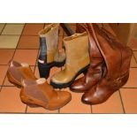 A PAIR OF HIGH HEELED HUNTER SHORT WELLINGTON BOOTS, size 6, a pair of Firetrap wedge boots size 6