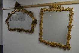 A MODERN FOLIATE MOULDED GILT FRAMED WALL MIRROR, approximately 109cm x 72cm, together with a