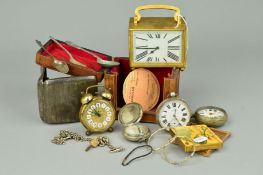 AN EARLY 20TH CENTURY FRENCH GILT SQUARE CARRIAGE CLOCK, enamel dial, glass cracked, cased with key,