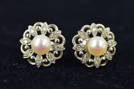 A PAIR OF MID TO LATE 20TH CENTURY CULTURED PEARL AND DIAMOND ROUND STUD EARRINGS, circular open