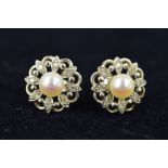 A PAIR OF MID TO LATE 20TH CENTURY CULTURED PEARL AND DIAMOND ROUND STUD EARRINGS, circular open