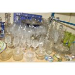 VARIOUS GLASSWARES, to include decanters, candleholders, salts, glasses etc