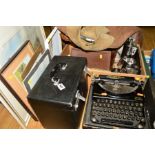 A BOXED PORTABLE SINGER SEWING MACHINE, a Remington Home Portable typewriter, various pictures (M