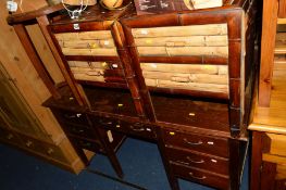 A PAIR OF BAMBOO STYLE TWO DRAWER BEDSIDE CHESTS, together with an oak desk and seven drawers (3)
