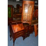 A REPRODUCTION MAHOGANY LADIES BUREAU, hi-fi cabinet containing a fergurson componant hi-fi,