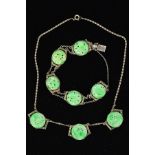 A VINTAGE JADE AND MARCASITE NECKLET AND BRACELET SET, each comprised of round carved jadeite