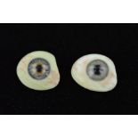 TWO EARLY 20TH CENTURY GLASS EYES, one a light greyish colour, the other a grey/blue, one with a