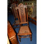 A SET OF FOUR EARLY 20TH CENTURY OAK CANE SEATED HIGH BACK CHAIRS (sd)