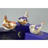 THREE BOXED ROYAL CROWN DERBY BIRD PAPERWEIGHTS, 'Goldcrest', 'Derby Wren' and 'Wren', all gold