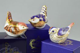 THREE BOXED ROYAL CROWN DERBY BIRD PAPERWEIGHTS, 'Goldcrest', 'Derby Wren' and 'Wren', all gold