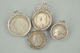 A QUANTITY OF SILVER COINAGE, all in mounts, to include an 1887 enamelled shilling, 1864 shilling