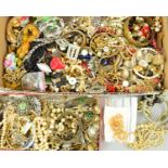 A BOX OF MAINLY COSTUME JEWELLERY, to include an agate bead necklace, a Kramer paste necklace, a