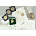 A SMALL AMOUNT OF MIXED COINS AND COMMEMORATIVES, to include a womens Land Army Award with