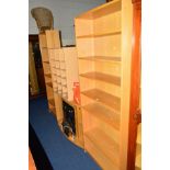TWO LIGHT OAK OPEN BOOKCASES, a light oak fire surround and fire and a modern shelving unit (4)