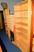 TWO LIGHT OAK OPEN BOOKCASES, a light oak fire surround and fire and a modern shelving unit (4)