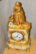 A MID 19TH CENTURY FRENCH GILT METAL AND WHITE MARBLE MANTEL CLOCK BY RAINGO FRERES OF PARIS, the